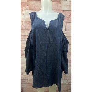 NYDJ Women's Plus Sz 2X Chambray Cold Shoulder Popover top